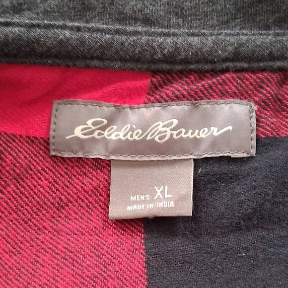 Eddie Bauer Hooded Flannel Shirt Men's XL Red Black Buffalo Plaid Work Wear - Picture 5 of 6